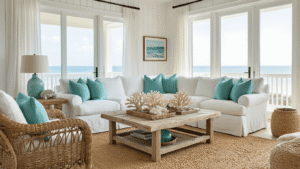 Luxurious coastal living room in Florida with white slipcovered sectional, seafoam and blue pillows, wicker chairs, driftwood coffee table, jute rugs, and large windows draped in sheer curtains, all bathed in warm golden hour light.