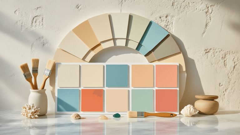 Elegant Florida home exterior color palette display with creamy white, warm beige, sky blue, seafoam green, soft peach, and coral paint swatches on a clean marble surface, featuring architectural color wheel, high-end paint brushes, textured samples, and coastal elements, captured in warm natural lighting.