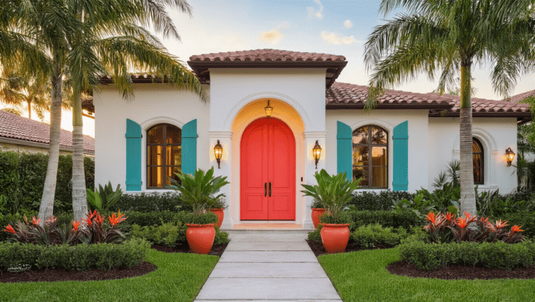 Elevate Your Florida Home Exterior: The Ultimate Curb Appeal Guide Cinematic wide-angle shot of a Florida home featuring textured stucco walls, coral red front door, polished concrete walkway, tropical landscaping, and terracotta roof tiles during golden hour.
