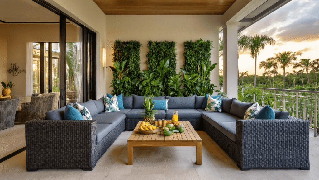 Luxurious Florida lanai at golden hour featuring a screened-in patio with a charcoal gray sectional sofa, tropical throw pillows, a teak coffee table with fresh fruits, lush vertical garden, and warm ambient lighting, creating a serene and inviting retreat.