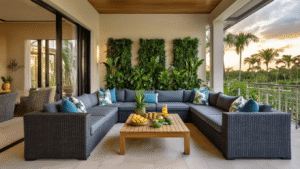 Luxurious Florida lanai at golden hour featuring a screened-in patio with a charcoal gray sectional sofa, tropical throw pillows, a teak coffee table with fresh fruits, lush vertical garden, and warm ambient lighting, creating a serene and inviting retreat.