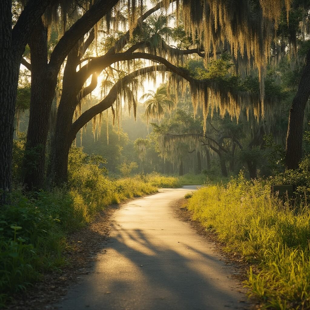 "Why Sarasota in December Will Blow Your Mind: The Ultimate Winter Escape You Never Knew You Needed" Winding bike trail through Florida wilderness with towering pine trees, Spanish moss-draped oaks, soaring birds, and lush vegetation during golden hour on the Legacy Trail in Sarasota.