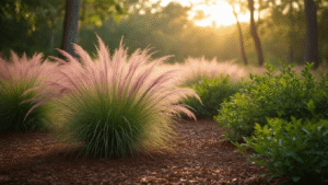 Cinematic wide-angle shot of a Florida native garden during golden hour, featuring pink muhly grass, purple beautyberry, and lush wax myrtle on organic mulch, with dappled sunlight creating dramatic lighting and textures.