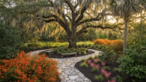 Cinematic aerial view of a Florida native landscape garden at golden hour, featuring a majestic Live Oak with Spanish moss, Sabal Palms, vibrant Firebush blooms, Muhly grass, Southern Magnolia, and weathered limestone pathways, evoking warmth and natural beauty in a low-maintenance wildlife sanctuary.