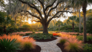 Photorealistic wide-angle shot of a Florida backyard oasis at golden hour, featuring a majestic Live Oak with Spanish moss, Sabal Palms, vibrant Firebush blooms, and pink-tinted Muhly grass, with warm sunlight filtering through, rich mulch pathways, and an inviting resort-like ambiance.
