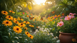 A vibrant Florida garden scene showcasing native tropical flowers in bloom, including coreopsis, lantana, hibiscus, milkweed, and passion flowers, with butterflies and hummingbirds. Gardening tools and seed packets are in the foreground, while a cozy screened porch and lush greenery create a paradise-like atmosphere.
