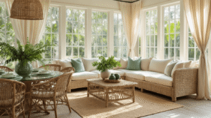 Cinematic wide-angle view of a sunlit Florida room featuring a cream sectional sofa with seafoam green and sandy beige pillows, a natural wicker dining set, oversized teak daybed, and floor-to-ceiling windows that illuminate the space with golden light, showcasing tropical greenery and a warm coastal color palette.