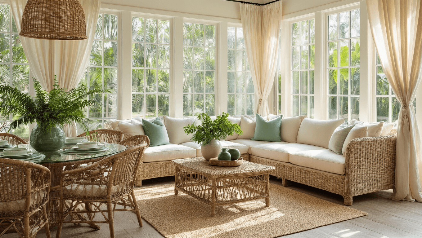 Cinematic wide-angle view of a sunlit Florida room featuring a cream sectional sofa with seafoam green and sandy beige pillows, a natural wicker dining set, oversized teak daybed, and floor-to-ceiling windows that illuminate the space with golden light, showcasing tropical greenery and a warm coastal color palette.