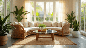 Cinematic wide-angle shot of a sunlit Florida room with a curved rattan sofa, plush cream cushions, tropical plants, and warm amber reflections on polished concrete floors, accented by sheer curtains and natural textures.