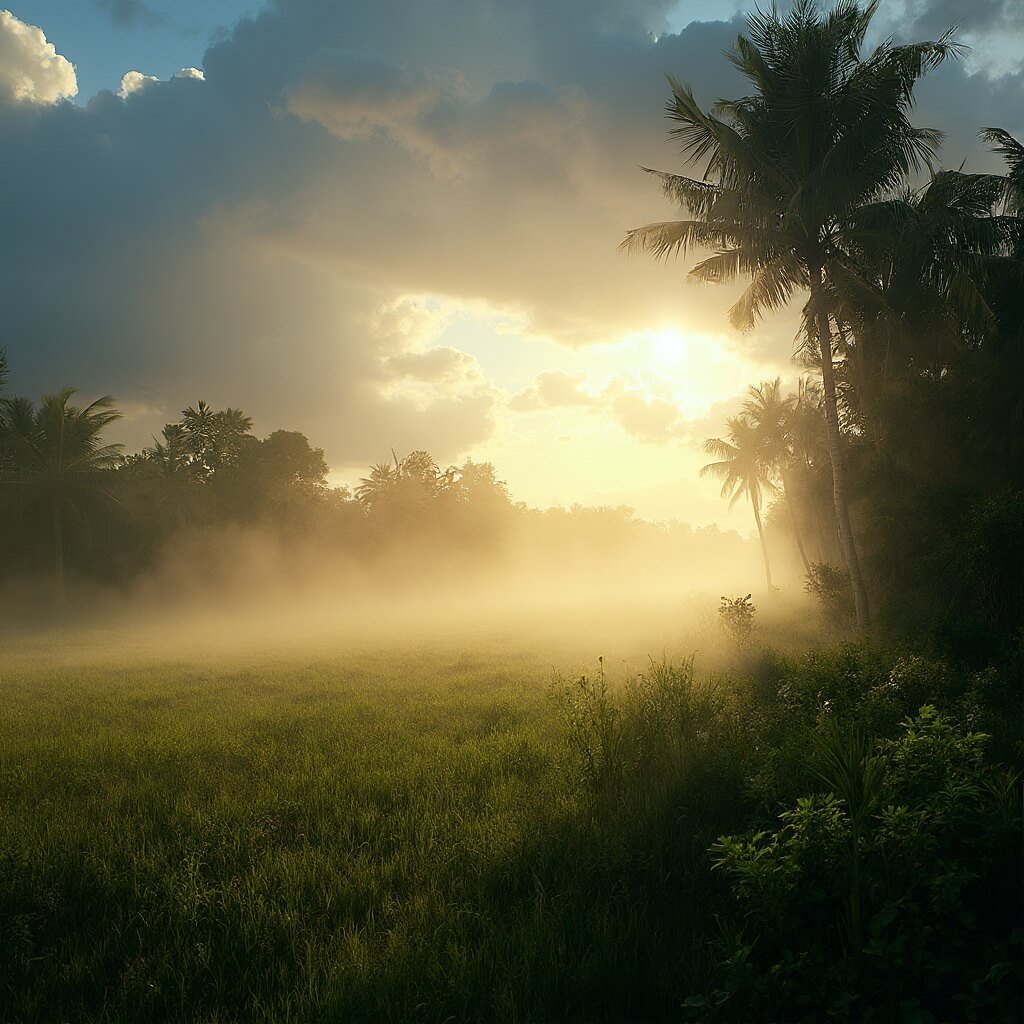 Lakeland in August: The Sizzling Truth About Florida's Most Intense Month Photorealistic image of intense sunlight over a humid, lush green landscape in central Florida with thunderclouds forming in the deep blue sky, representing the extreme August heat and humidity