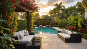 Luxurious Florida backyard oasis at golden hour, featuring a teak pergola with bougainvillea, a turquoise pool, lush tropical landscaping, and cozy outdoor seating, illuminated by warm uplighting and solar string lights.