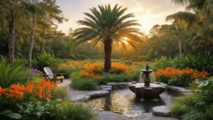 Cinematic wide-angle shot of a lush Florida garden at golden hour, featuring a Sabal palmetto palm, vibrant wildflowers, a bubbling fountain, and Adirondack chairs along a shell pathway, all bathed in warm dappled light.