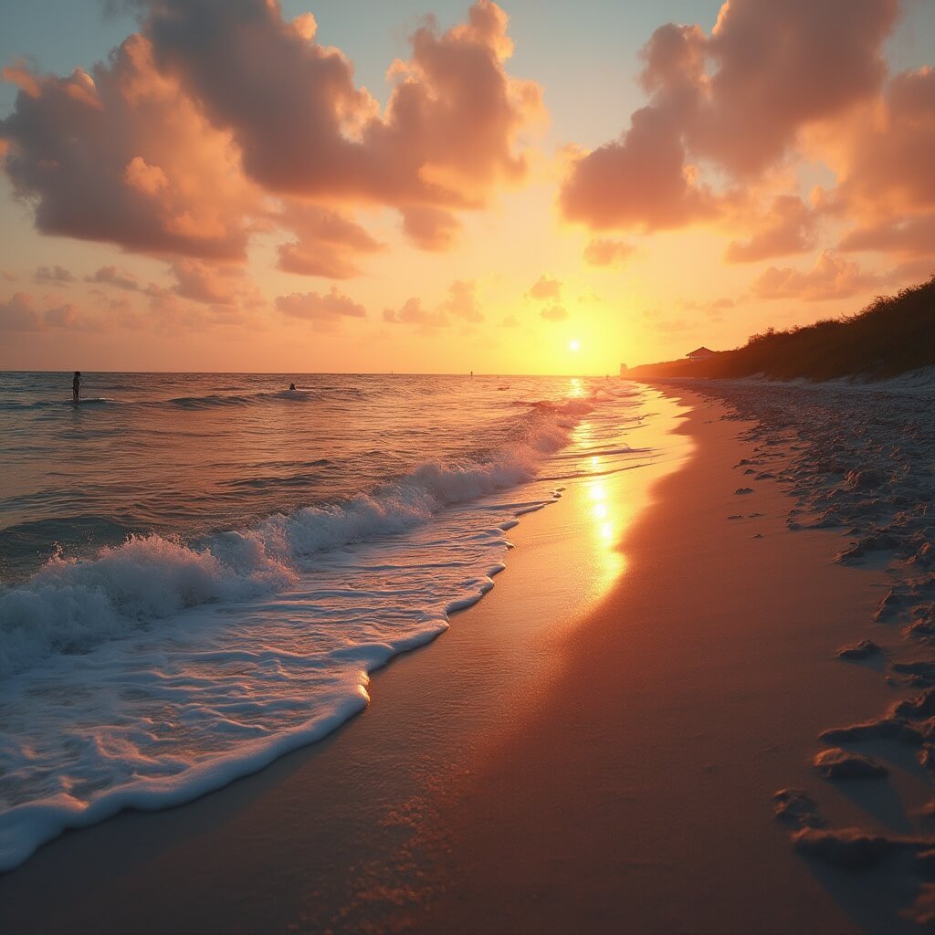 Sizzling Summer Secrets: Your Insider's Guide to Jacksonville Beach in June Golden sunset at Jacksonville Beach with surfers, paddleboarders, and rolling waves reflected in crystal clear ocean water, framed by lush coastal vegetation