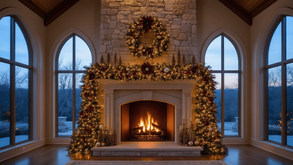 Magical Garland Christmas Decor: Transform Your Home with Festive Flair Cinematic wide-angle shot of a grand cathedral-ceiling living room decorated for Christmas with a towering stone fireplace, embellished with a luxurious garland of pine and cedar, warm lights, ribbons, and ornaments, illuminated by twilight and firelight.