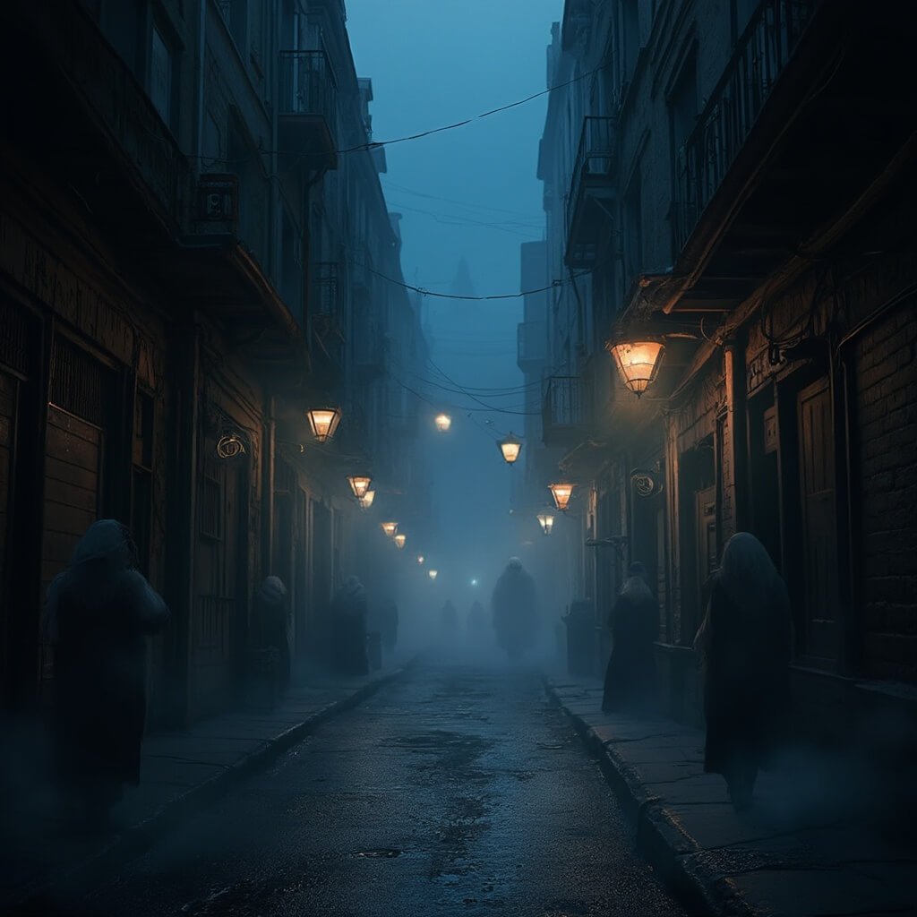 West Palm Beach in October: Your Ultimate Halloween Playground with Sunny Beach Vibes Misty Halloween night on historic Worth Avenue, highlighted by eerie street lamp lighting and ghostly figures in vintage architectural backdrop