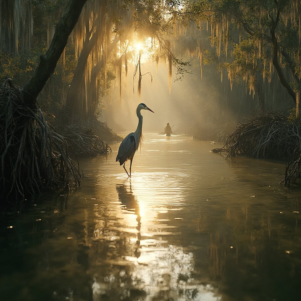 Why West Palm Beach in February is Your Ultimate Winter Escape Great Blue Heron in serene wetland at golden hour with mangrove trees, kayak in background, and sunlight filtering through Spanish moss creating reflections in water