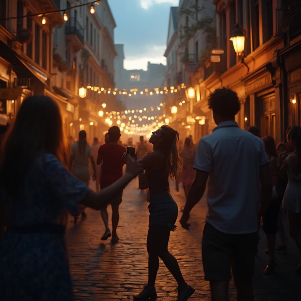 Sarasota in September: Your Ultimate Insider's Guide to Sun, Fun, and Hidden Gems Energetic twilight street scene on Historic Bridge Street with warm lights, people dancing to live music, vintage architecture, and soft focus background of street elements, no recognizable faces