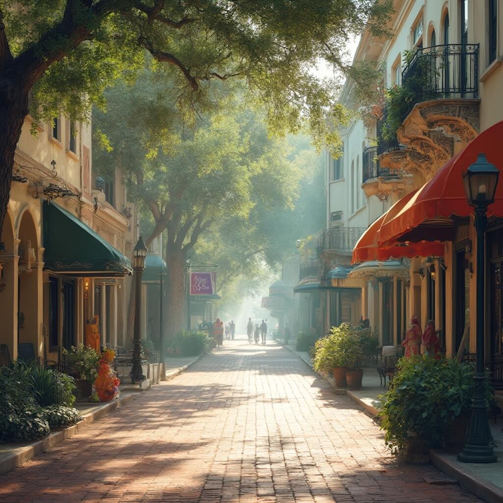 Lakeland in July: Your Scorching Guide to Florida's Hidden Summer Paradise Early summer morning in historic downtown Lakeland featuring Mediterranean revival architecture, brick-paved streets, ornate lamp posts, colorful boutique awnings, morning mist and sunlight filtering through mature oak trees