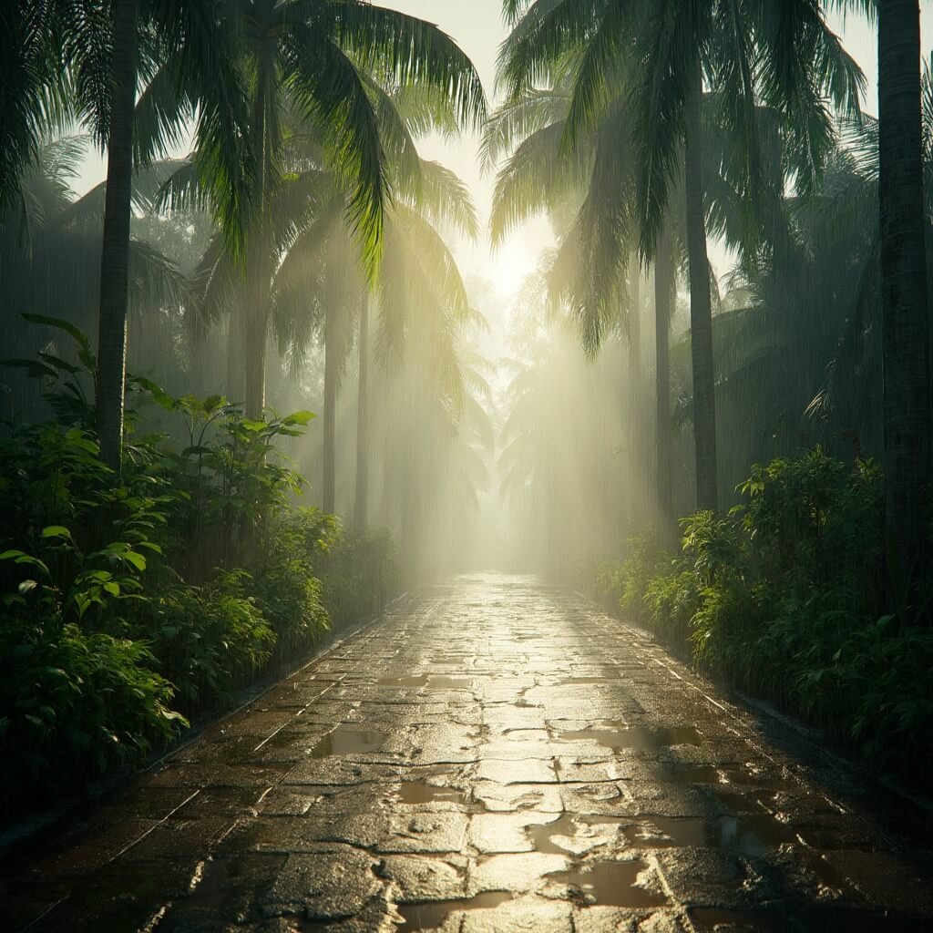 September in West Palm Beach: Your Ultimate Insider's Guide to Tropical Transition Tropical outdoor setting in Palm Beach with intense afternoon sun filtering through dense palm trees, humid air visible, soft shadows and wet ground after rain.