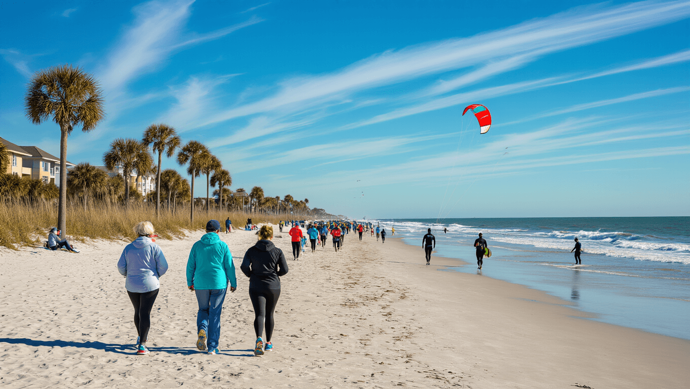 "Jacksonville Beach in February with people in light jackets walking and marathon runners jogging along the shoreline, surfers in the ocean, and a kite flying in the clear blue sky."
