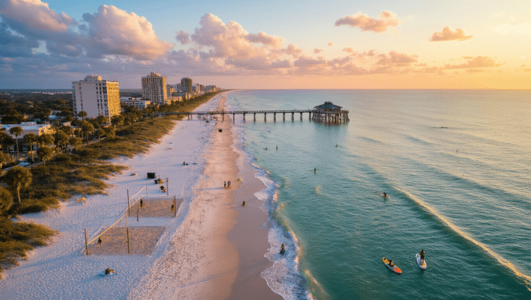 Jacksonville Beach in September: Your Ultimate Insider's Guide to Florida's Hidden Paradise "Aerial view of Jacksonville Beach at golden hour in September, featuring volleyball players, paddleboarders, walkers, Jacksonville Beach Pier, swaying palm trees, and beachfront restaurants, under a sky of pink-tinged cumulus clouds"