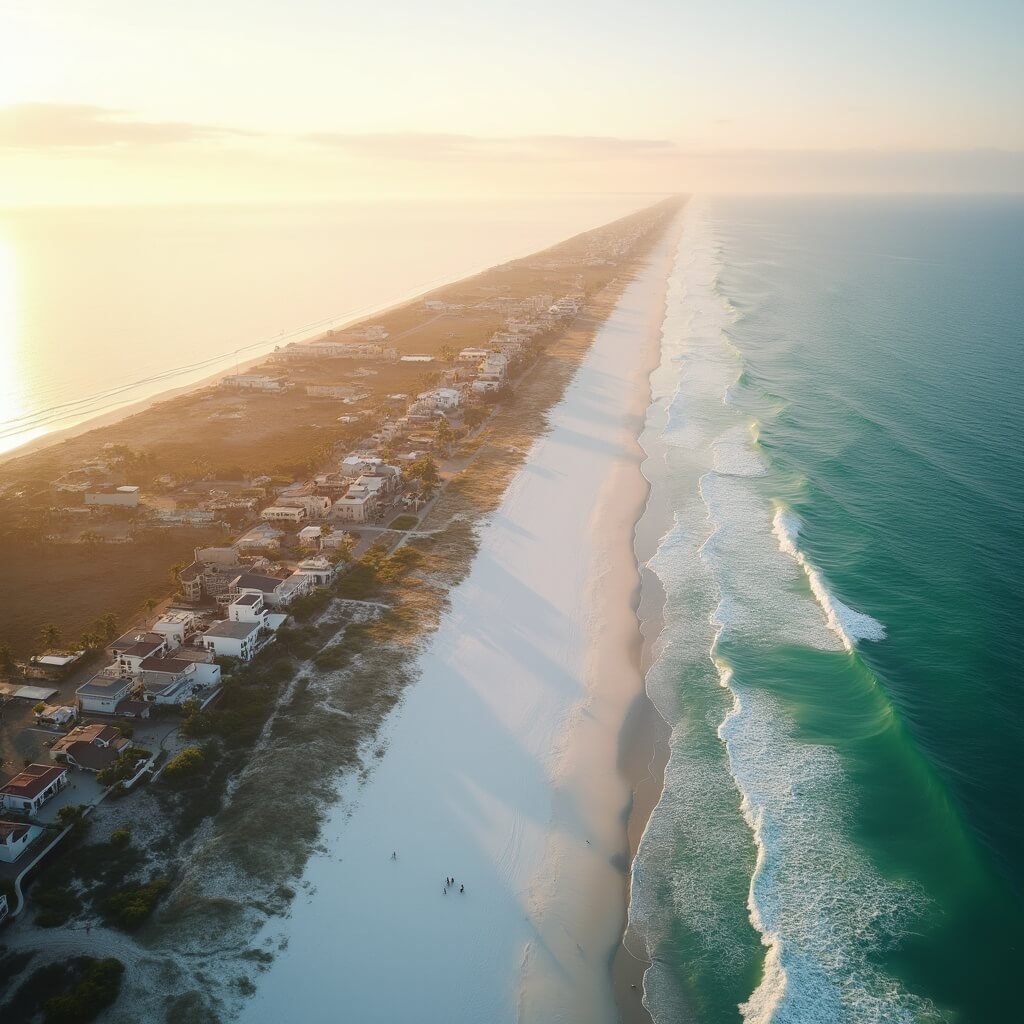 May Magic in Jacksonville Beach: Your Ultimate Weather & Activity Guide Panoramic view of Jacksonville Beach at sunset with warm golden glow, pristine white sand, clear blue-green ocean, gentle waves, and a pastel-colored sky