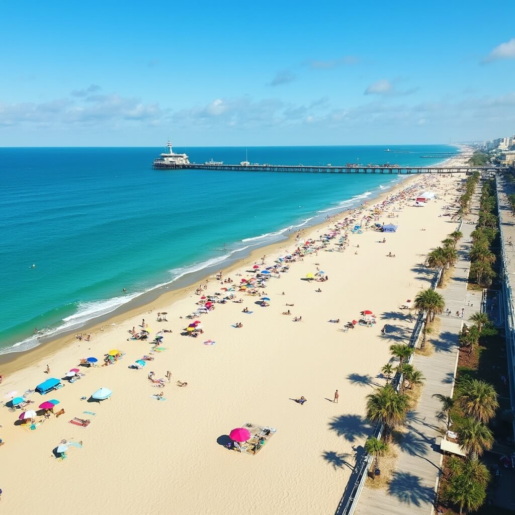 Colorful umbrellas and people enjoying activities on the wide golden sandy beach of Jacksonville, with a clear turquoise sea under a bright blue sky, a pier with fishermen extending into the ocean, and palm trees along the boardwalk.
