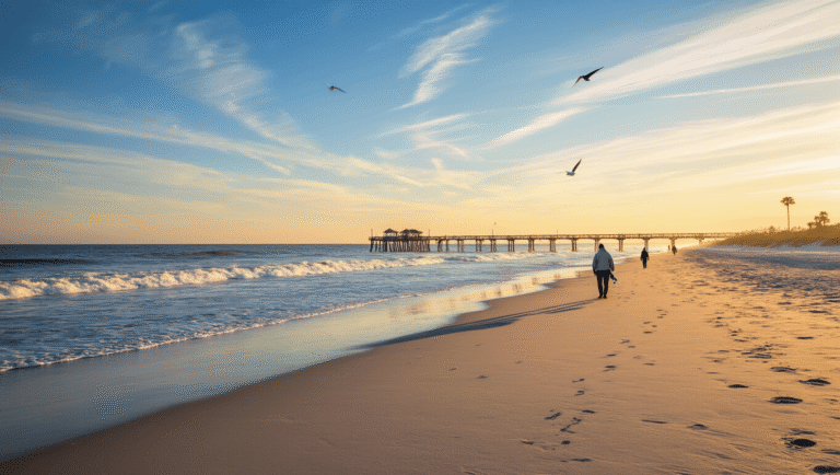 Why Jacksonville Beach in January Might Just Be Your Perfect Winter Escape "Jacksonville Beach at sunrise in January with golden light, long shadows, a lone surfer, seabirds and few people walking the shoreline, Jacksonville Beach Pier extending into the ocean"