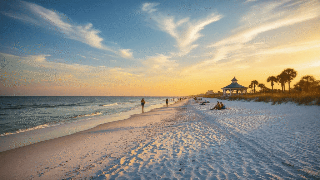 May Magic in Jacksonville Beach: Your Ultimate Weather & Activity Guide "Jacksonville Beach at sunset in May, featuring white sand, gentle waves, scattered clouds, sparse beachgoers, Sea Walk Pavilion in the background, swaying palm trees and 'golden hour' lighting."