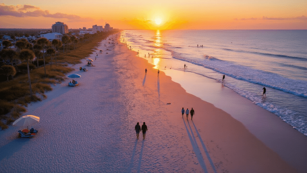 Jacksonville Beach in November: Your Ultimate Guide to Coastal Bliss (Without the Summer Crowds!) "Jacksonville Beach at sunset in November, showing couples walking, surfers in distance, people playing volleyball, beach umbrellas scattered along the shore, and a temperature gauge reading 72°F"