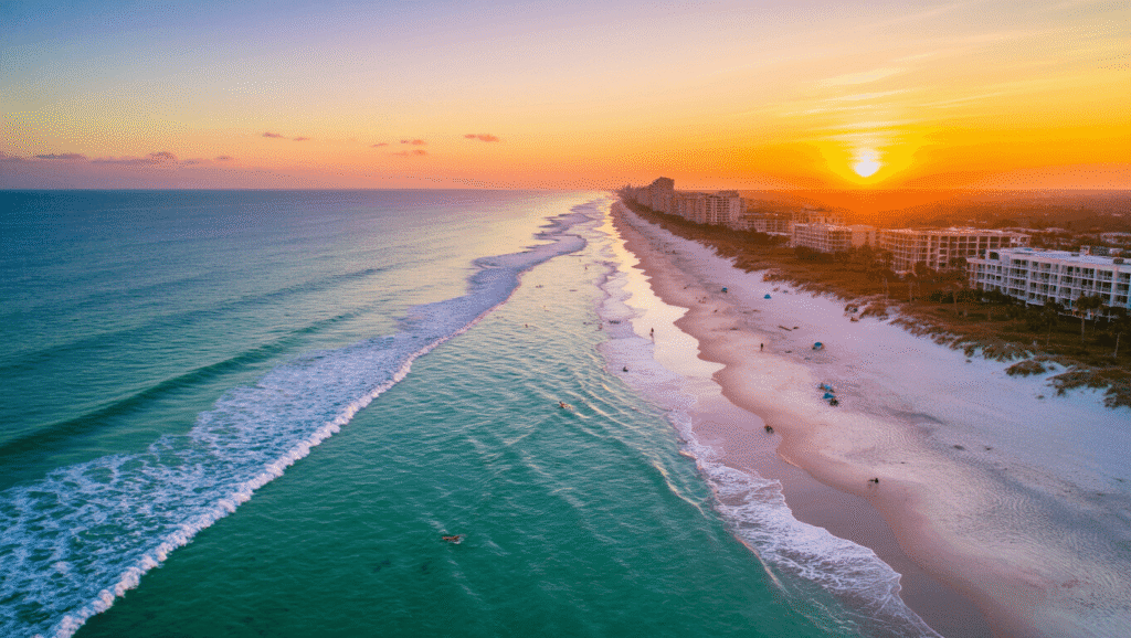 Why Jacksonville Beach in October is Your Secret Slice of Paradise (And Why Tourists Haven't Caught On Yet) "Panoramic aerial view of Jacksonville Beach at sunset, with scattered beachgoers, rolling waves, swaying palm trees, sea turtle nests, and oceanfront buildings reflecting the sunset. Adventure Landing park visible in the distance."