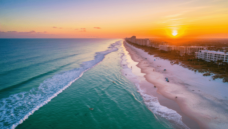 Why Jacksonville Beach in October is Your Secret Slice of Paradise (And Why Tourists Haven't Caught On Yet) "Panoramic aerial view of Jacksonville Beach at sunset, with scattered beachgoers, rolling waves, swaying palm trees, sea turtle nests, and oceanfront buildings reflecting the sunset. Adventure Landing park visible in the distance."