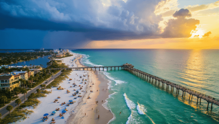 Jacksonville Beach in August: Your Ultimate Sunsoaked Adventure Guide "Aerial view of Jacksonville Beach at sunset featuring iconic pier, surfers, families on shoreline, beachfront restaurants, hotels, and incoming tropical storm clouds."