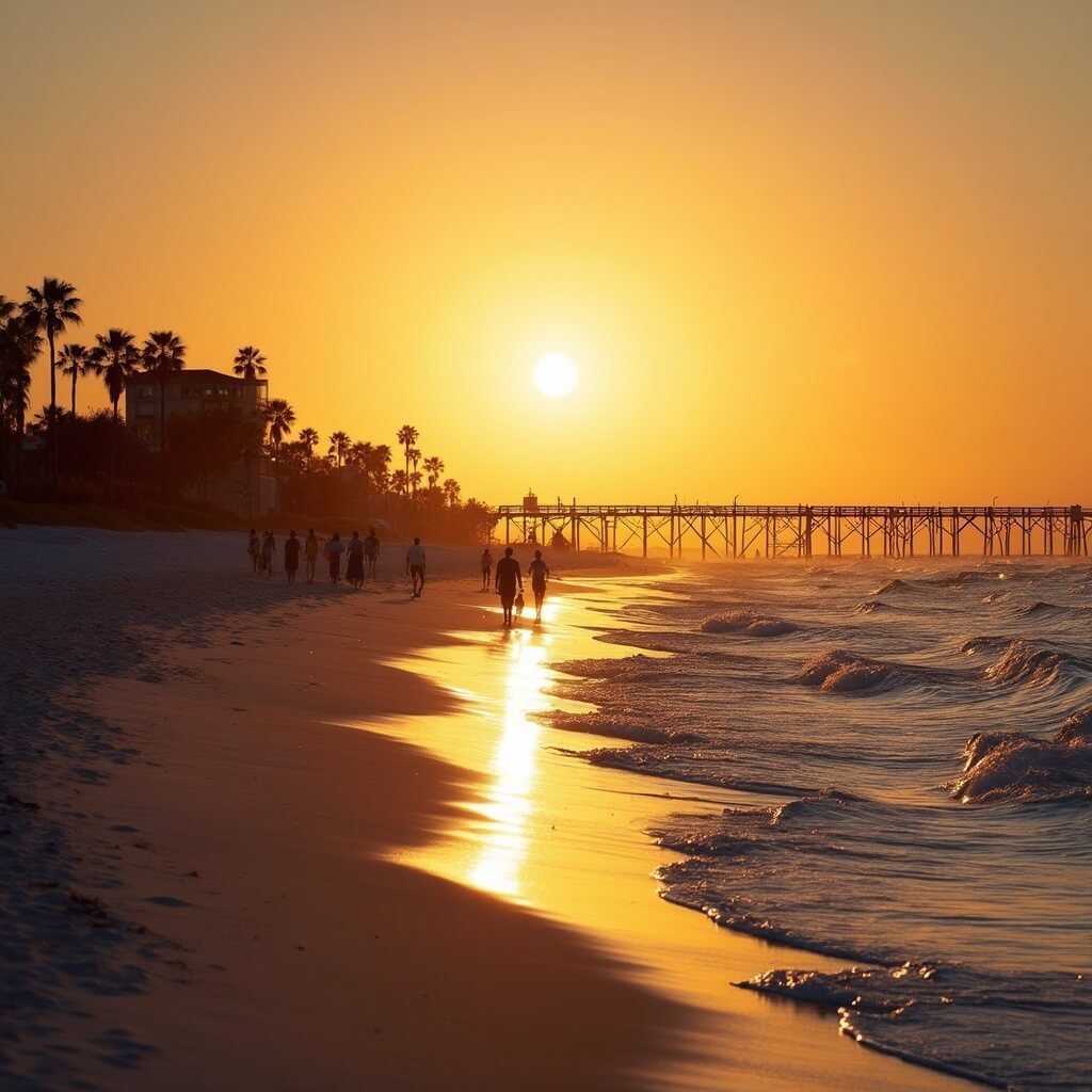 Golden sunset at Jacksonville Beach in September with a few silhouetted beachgoers, swaying palm trees, and a wooden boardwalk extending into the distance
