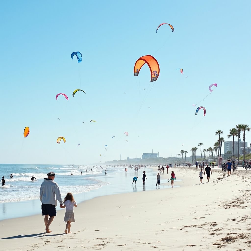 Escape the Frozen North: Why Jacksonville Beach in February is Your Ultimate Winter Retreat A couple strolling on Jacksonville Beach, colorful kites in the sky, surfers riding waves and people exercising on a palm tree-lined boardwalk on a sunny February day.