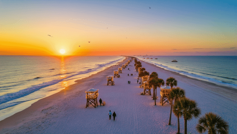 Chill Out in Paradise: Why Jacksonville Beach is Your Secret December Escape "Decorated lifeguard chairs and holiday boats adorn Jacksonville Beach at sunset in December, with palm trees, shoreline strollers, and golden reflections on ocean waves."