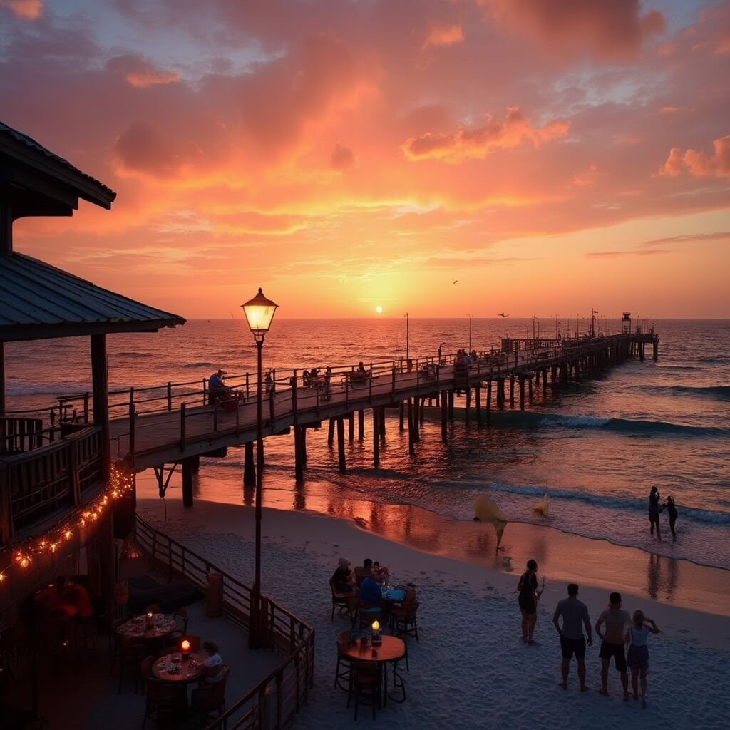Scorching Secrets of Jacksonville Beach: Why July is Your Ultimate Summer Paradise A vibrant sunset at Jacksonville Beach Pier with silhouette of fishermen, couples strolling, a beachfront restaurant, people enjoying seafood and live music in the background.