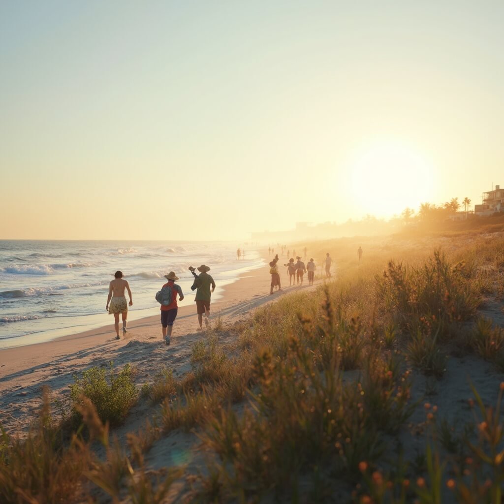 Jacksonville Beach in August: Your Ultimate Sunsoaked Adventure Guide Jacksonville Beach at golden hour with volunteers cleaning the beach, coastal plants in the foreground, and sustainable beach infrastructure in the background