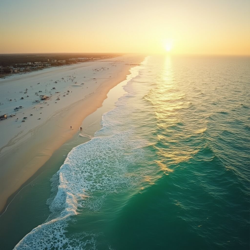Scorching Secrets of Jacksonville Beach: Why July is Your Ultimate Summer Paradise Panoramic view of Jacksonville Beach at golden hour with turquoise waters, sandy shore, distant silhouettes of people, and warm orange sky