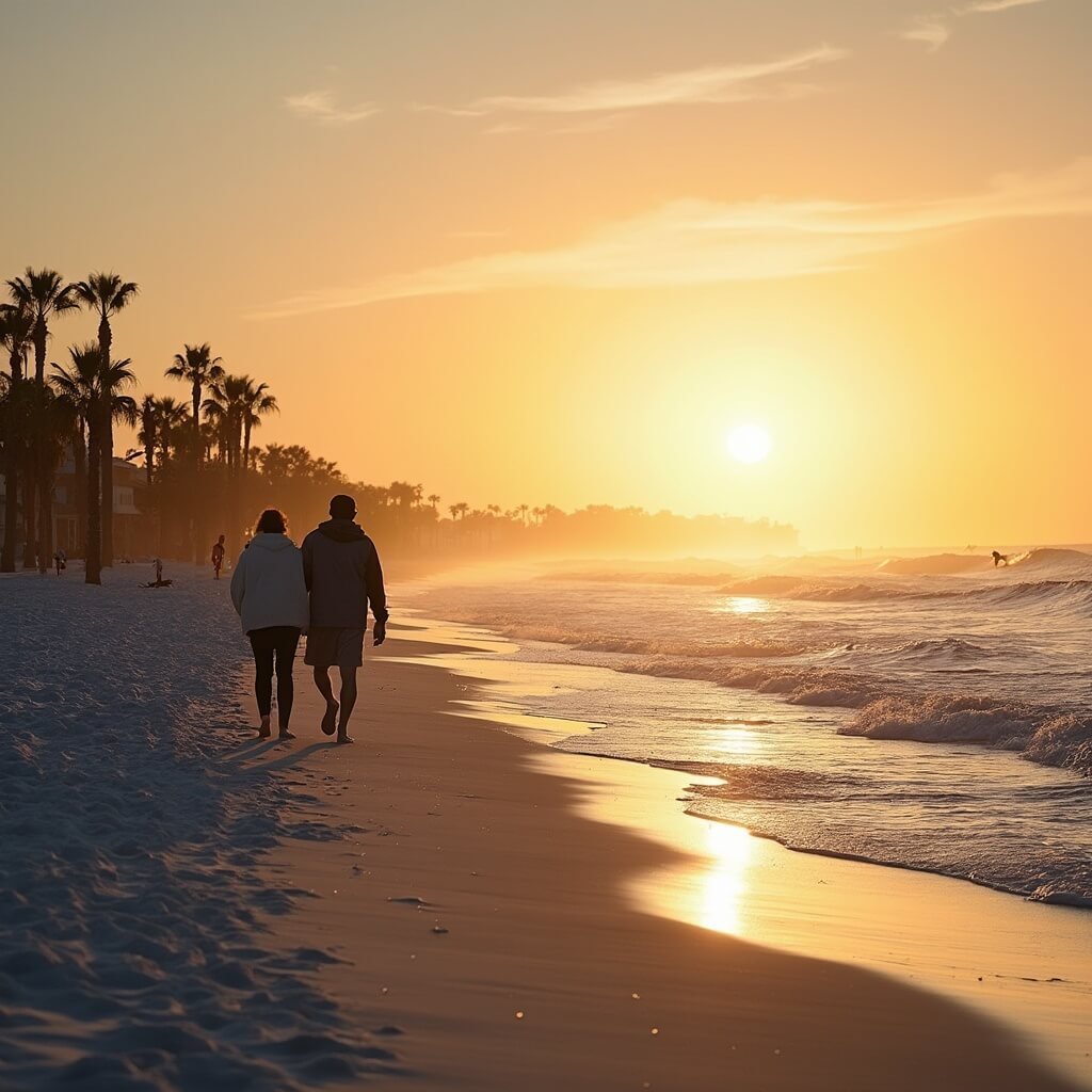 Scenic view of Jacksonville Beach at sunset with scattered beachgoers, a couple strolling by the water, and a distant surfer riding a wave.