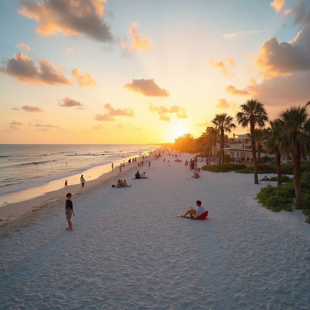 May Magic in Jacksonville Beach: Your Ultimate Weather & Activity Guide Jacksonville Beach bathed in golden-hour light with people enjoying volleyball and picnicking, Sea Walk Pavilion hosting an outdoor concert in the distance, palm trees lining the beach, and calm ocean with small waves