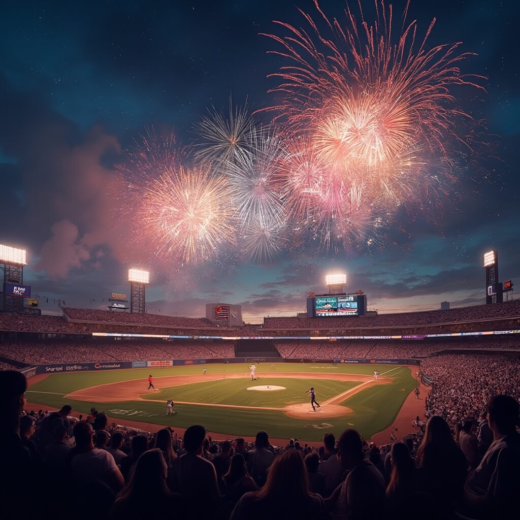 Lakeland in July: Your Scorching Guide to Florida's Hidden Summer Paradise Joker Marchant Stadium on Fourth of July with colorful fireworks in the night sky, stadium lights illuminating the baseball field, silhouetted spectators, and American flags in the background