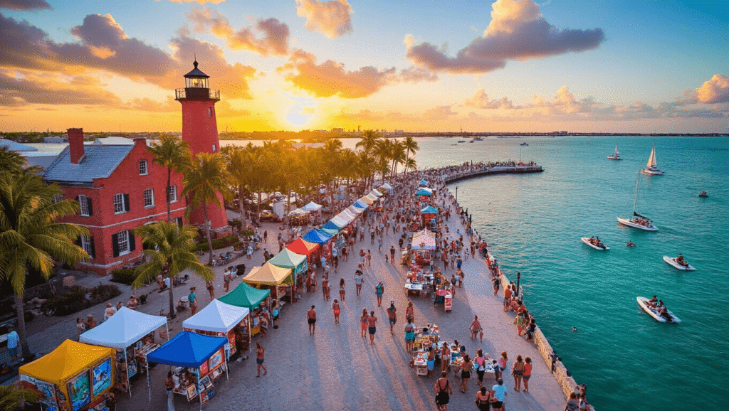 "Aerial view of Old Island Days Art Festival at Key West's Mallory Square during a vibrant February sunset, with tourists browsing vendor booths, landmarks in background, and people enjoying outdoor dining and sunset celebrations at 76°F."