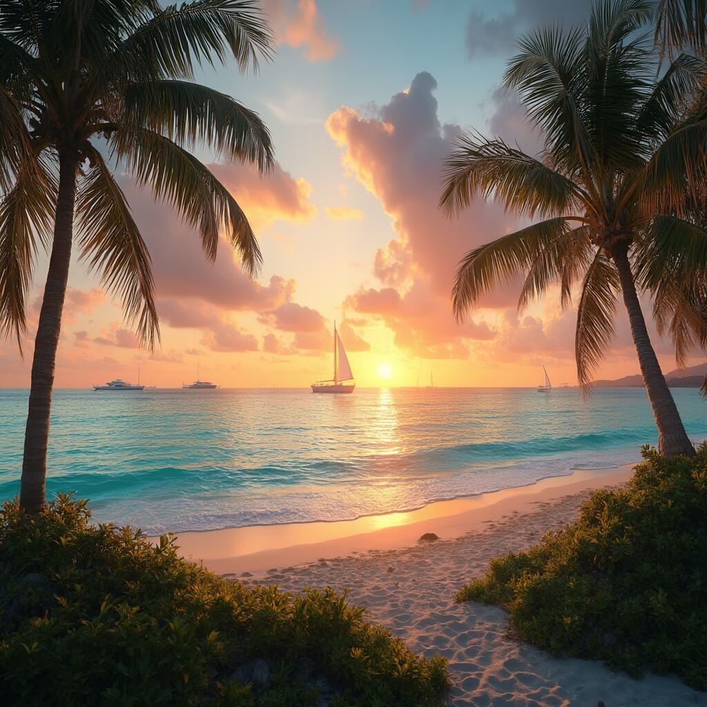 Key West sunset in February with turquoise waters, sandy beach, swaying palm trees, small sailboats against orange and pink sky, tropical vegetation, and warm, hazy weather atmosphere