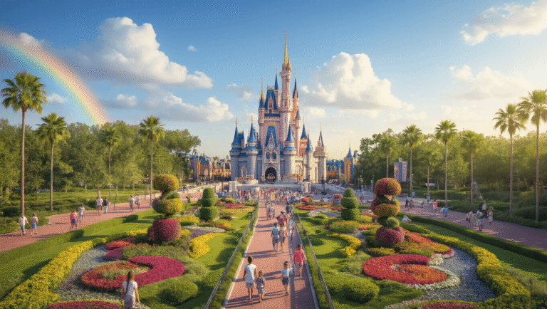 "Aerial view of Kissimmee, Florida featuring Walt Disney World's Cinderella Castle, Epcot's Flower & Garden Festival topiaries, families enjoying summer weather, with visible rainbow mist and temperature display at 85°F"