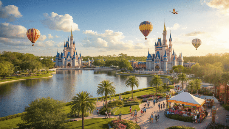 "Aerial view of Kissimmee, Florida in spring, featuring Disney World, Universal Orlando resort, hot air balloons, Kissimmee Lakefront Park, families outdoors, temperature at 79°F, festival venues, and Florida's natural beauty"