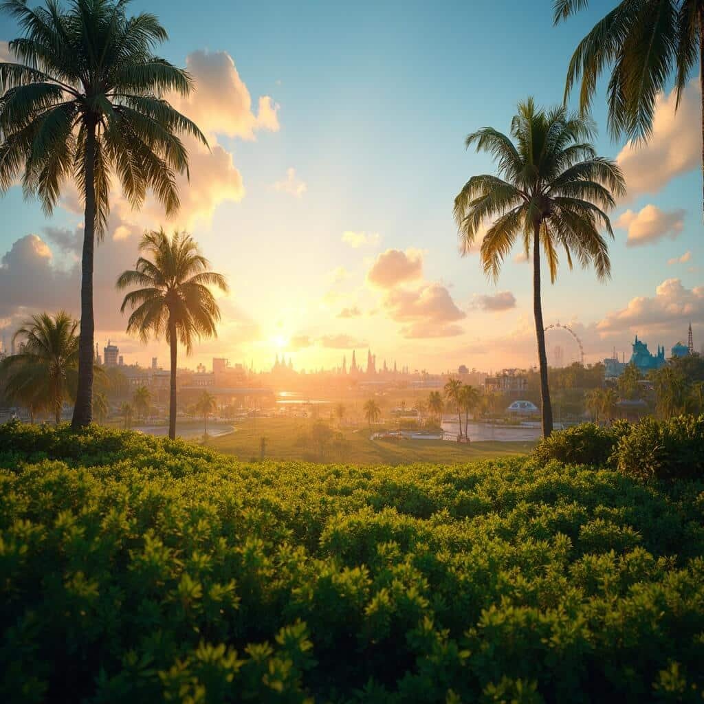 Golden hour over lush Kissimmee landscape featuring palm trees, long shadows, clear sunset sky, distant theme park silhouettes, and vibrant green vegetation