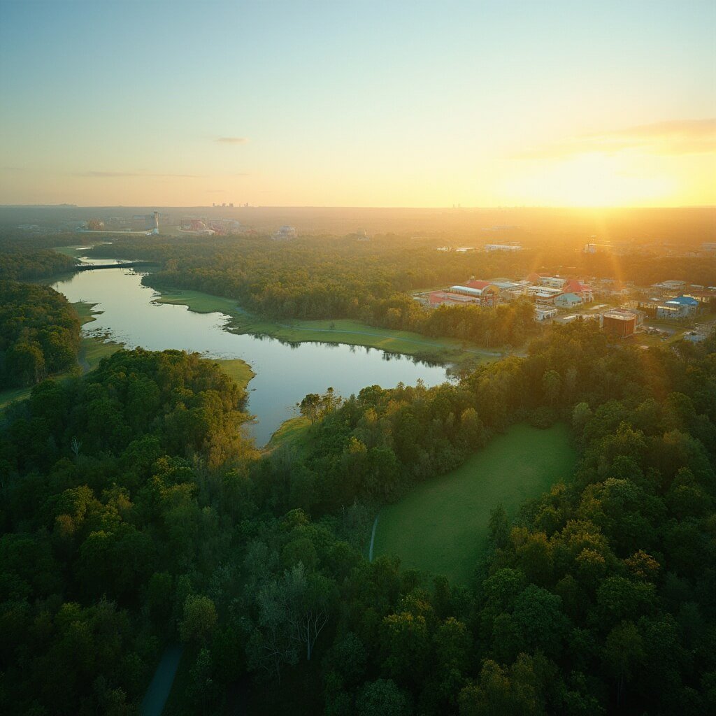Aerial sunrise view of lush green Kissimmee landscape with distant theme parks, clear blue skies, and golden light - hyper realistic photography style