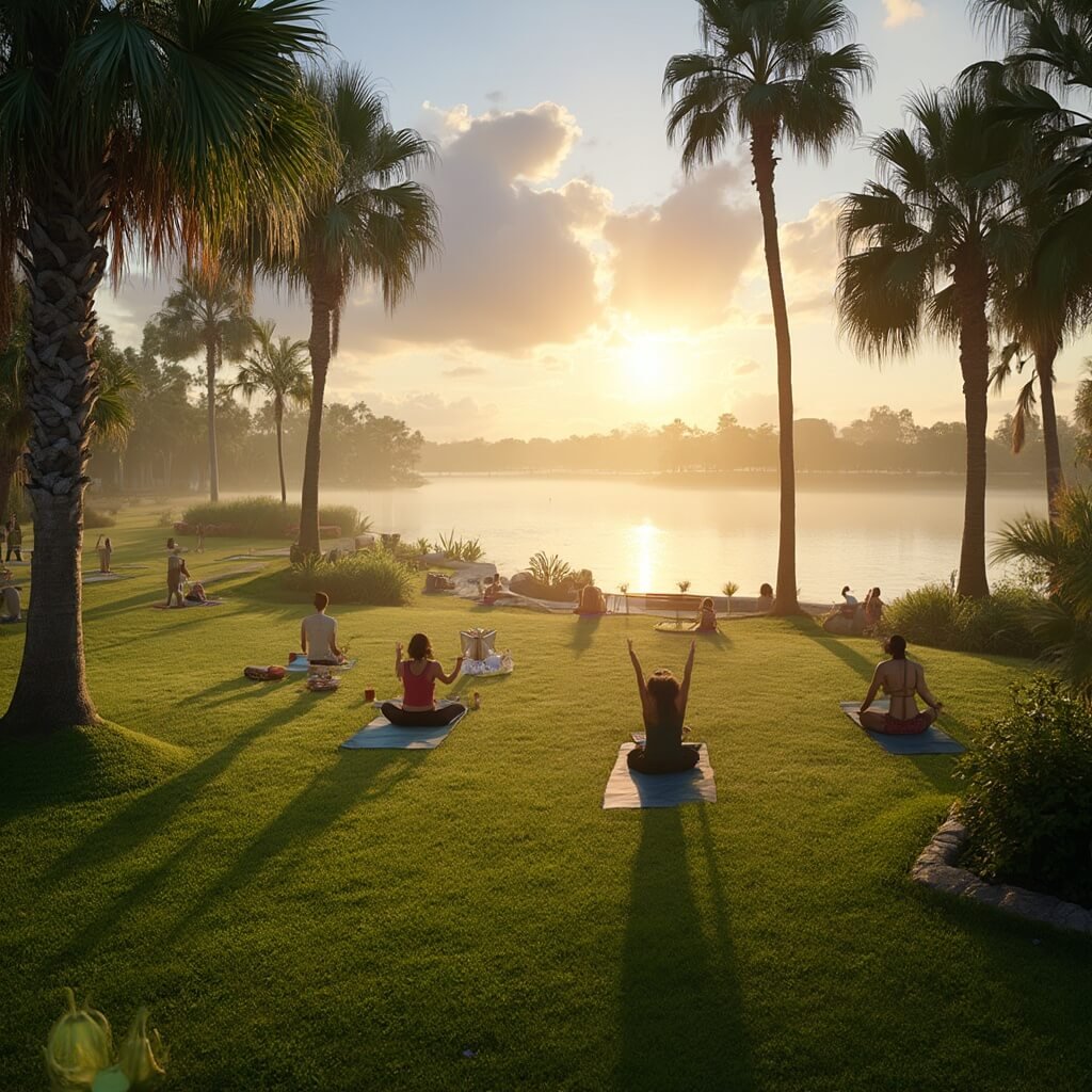 Morning yoga practitioners in a serene lakefront park at sunrise in Kissimmee, Florida, with palm tree shadows, calm lake reflection of dawn sky, meditation areas with wooden benches, lush vegetation, and soft morning mist