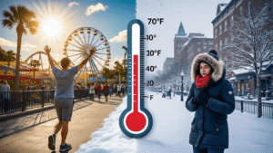 "Split-screen image depicting a stark contrast between a person enjoying warm 70°F temperatures in a sunny Kissimmee theme park on the left, and the same person in winter attire braving freezing temperatures in a northern city on the right, with striking visuals of weather, foliage, and architecture, and a thermometer highlighting the temperature difference."